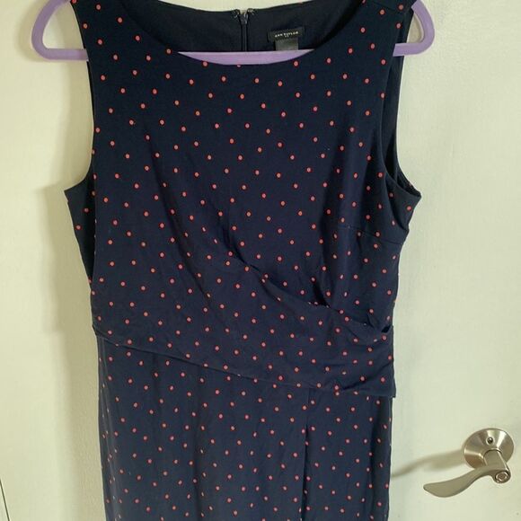 Ann Taylor Navy Polkadot Lined Dress with side ruching detail. - Size 10 - Picture 4 of 10